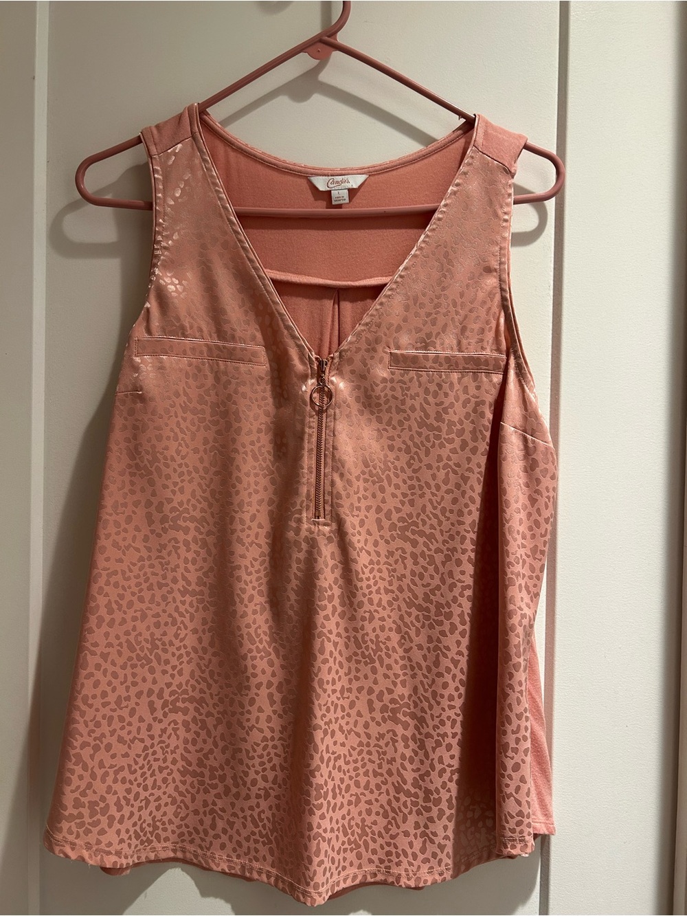 Candie's Dusty Rose Zip-Front Sleeveless Tank with Subtle Animal Print